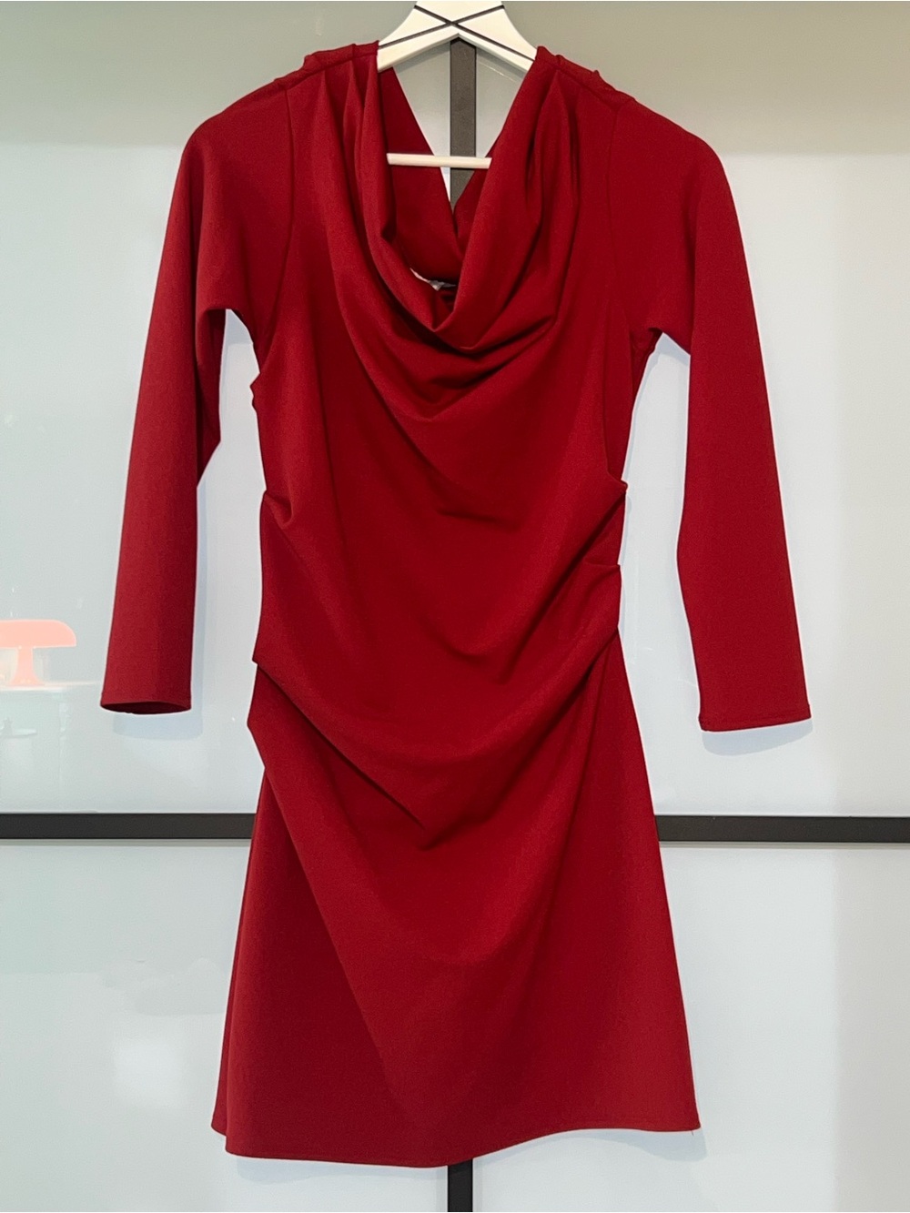 H&M Red Draped Cowl Neck Ruched Long Sleeve Mini Dress M